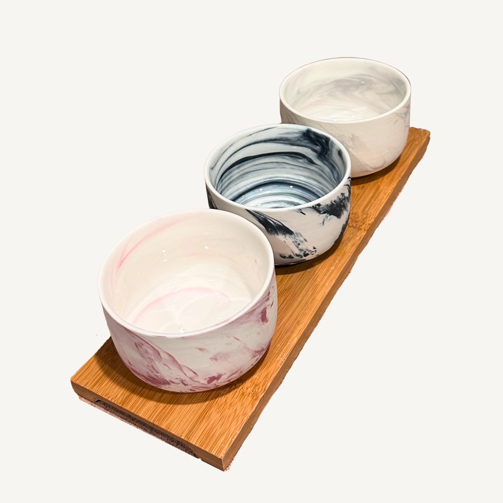 English Habitat Stoneware 3 Bowl Serving Tray with Marble Effect from England